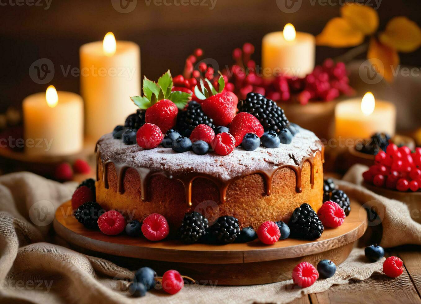 Photo of the cake decorated with berries on the wooden table with candles AI Generative