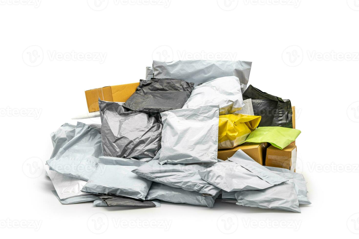 a Group of Postal Pack plastic bag, paper envelope, brown paper box in studio light on the white background. Clipping Paths. photo