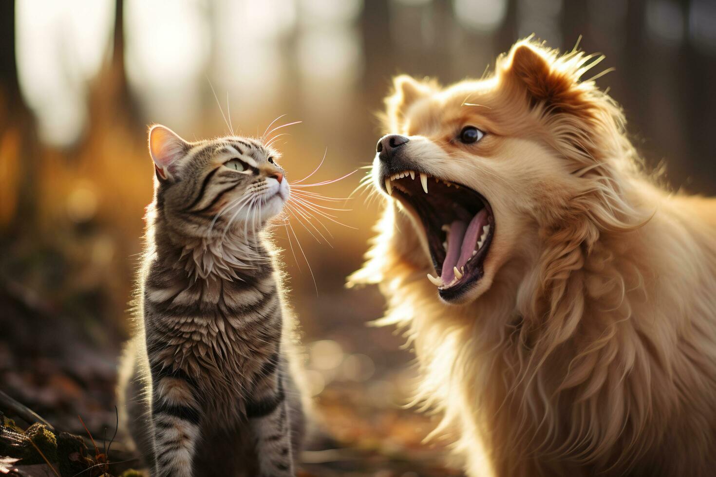 Satisfied cat and angry dog in nature. Funny furry pets. Created using artificial intelligence. photo