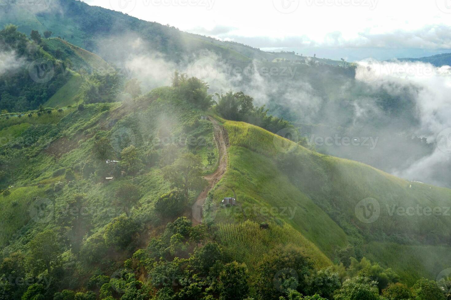 A view from the top of a high mountain overlooking the path to the villagers' farms and the beautiful mist in the rainy season in northern Thailand. Soft and selective focus. photo