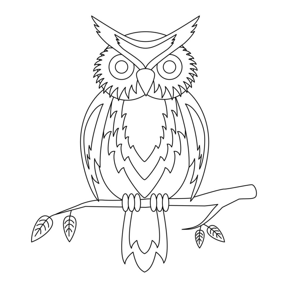 Vector illustration. Cartoon owl sitting on a tree branch. Coloring book for children