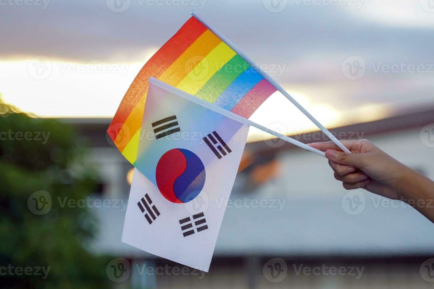 mano participación arco iris bandera y coreano bandera cuales son decorado en casas a espectáculo el orgullo y identidad de lgbt gente. suave y selectivo enfocar. foto