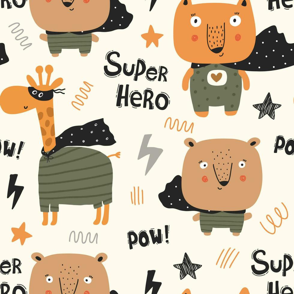 Vector hand-drawn color seamless childish simple pattern with cute animals superheroes in Scandinavian style on a white background. Kids pattern with superhero. Cute baby animals.