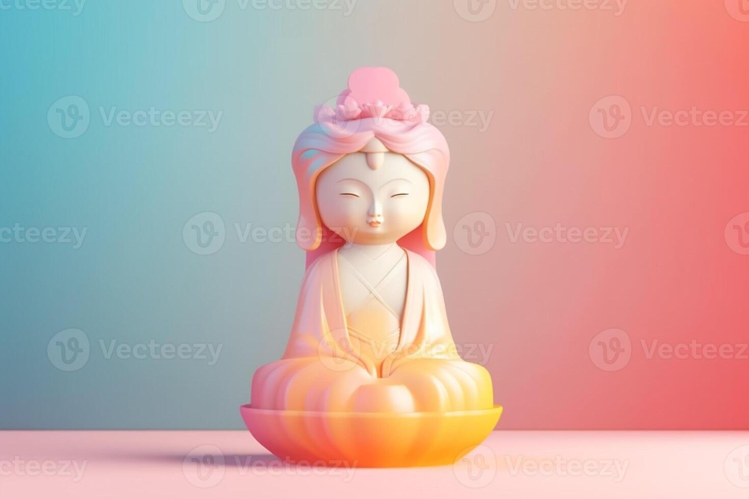 A row of pastel colored buddha statues are lined up against a blue background. photo