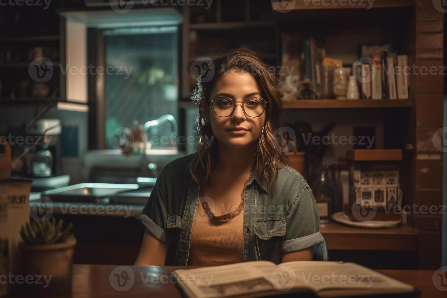 un mujer se sienta a un mesa en un cocina leyendo un libro. foto