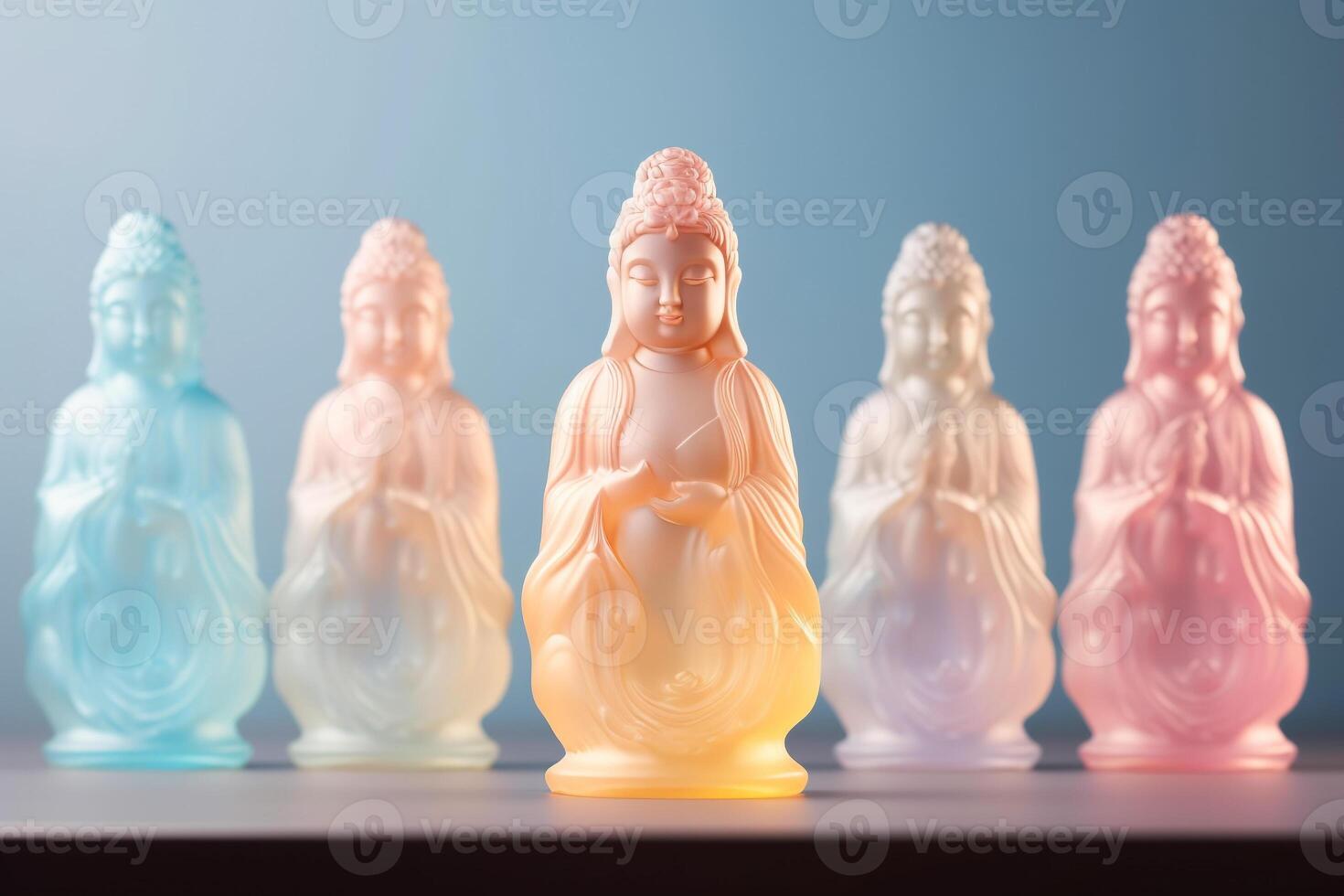 A row of pastel colored buddha statues are lined up against a blue background. photo