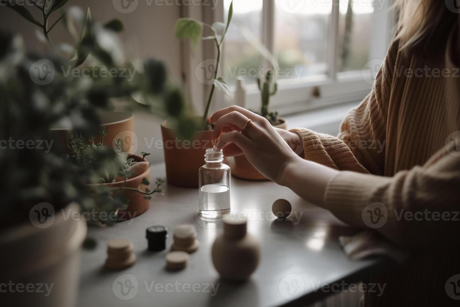 A woman sits on a windowsill, her hand is holding a white ball of white powder. photo