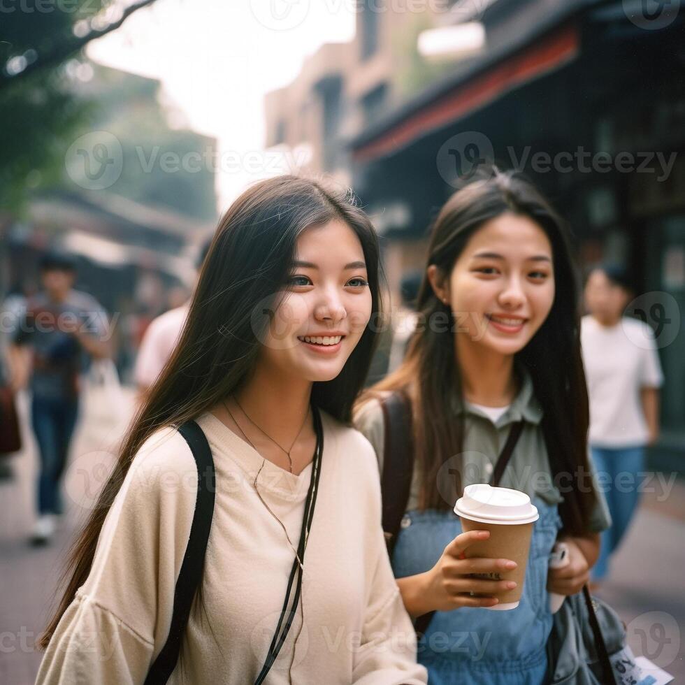 Two girls walking down a street, one of them is wearing a blue dress. photo