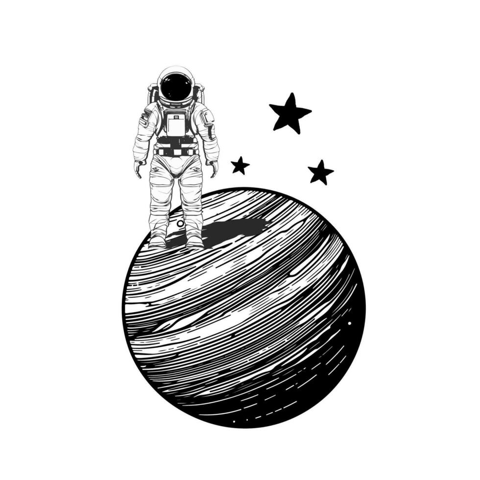 astronauta con un sombra en un antecedentes de planes y estrellas en negro líneas, bosquejo. logo, espacio diseño. vector