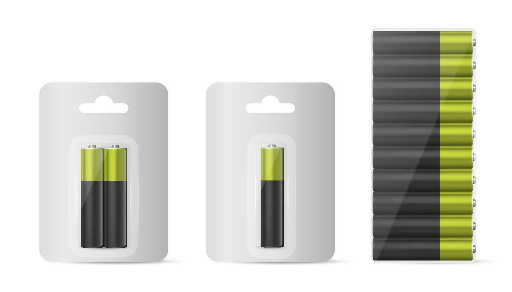 Alkaline Battery in Paper Blister and Battery Icon Set Closeup Isolated. AA Size. Design Template for Branding, Mockup. vector