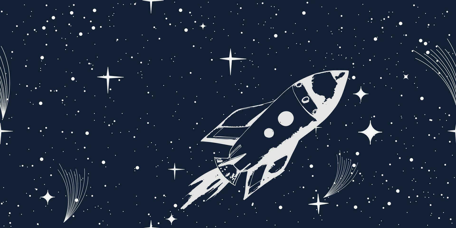 Seamless pattern of space illustration with flying rocket and twinkling stars. Sketch style on black background. vector