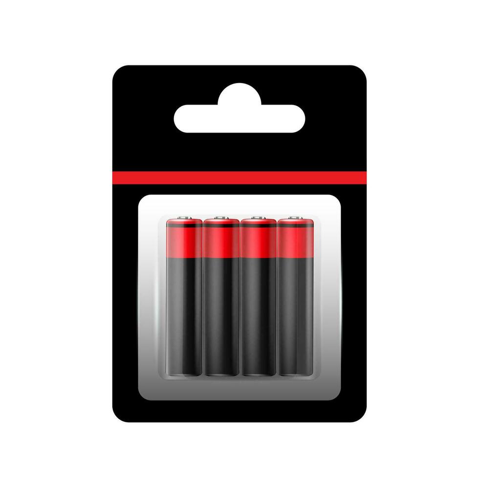 Alkaline Battery in Paper Blister and Battery Icon Set Closeup Isolated. AA Size. Design Template for Branding, Mockup. vector