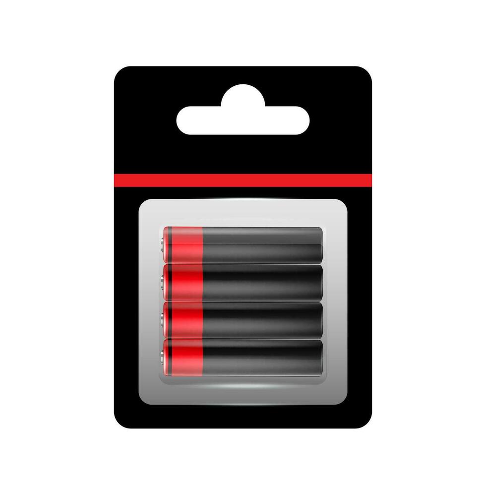 Alkaline Battery in Paper Blister and Battery Icon Set Closeup Isolated. AA Size. Design Template for Branding, Mockup. vector