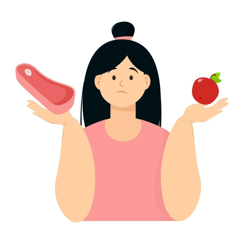 un exceso de peso mujer sostiene un manzana y carne en su manos vector