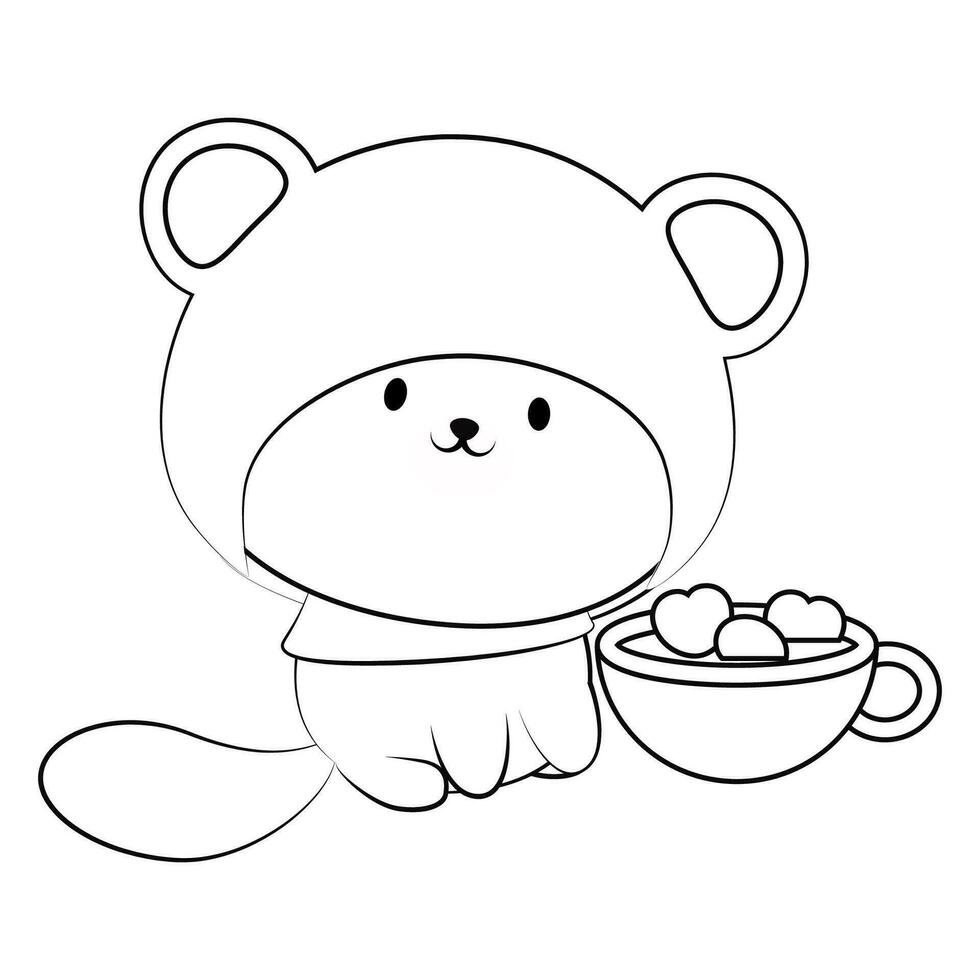 Cute little kawaii kitten wearing a teddy bear hat and with a cup of coffee nearby coloring page vector