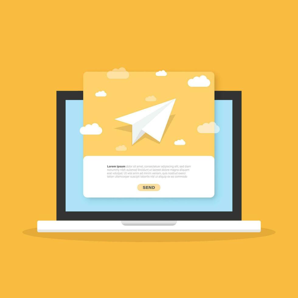 Banner of email marketing with laptop computer icon in flat style. Subscription to newsletter vector illustration on isolated background. Subscribe, submit sign business concept.