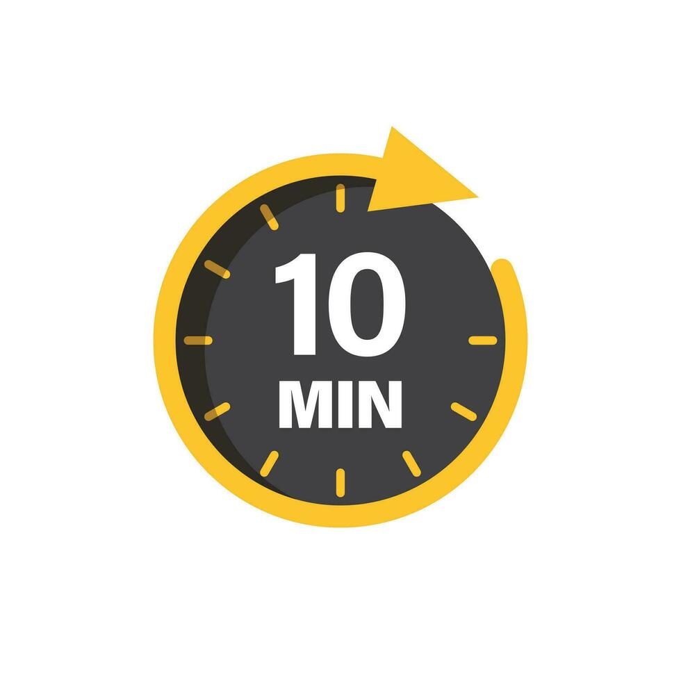 10 minutes on stopwatch icon in flat style. Clock face timer vector