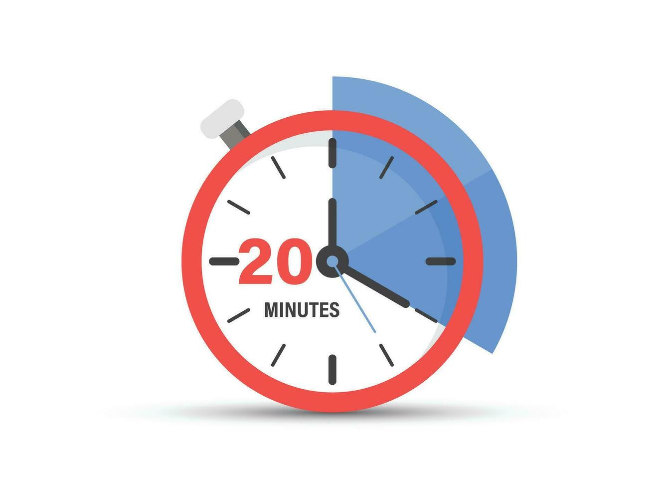 20 minutes on stopwatch icon in flat style. Clock face timer vector illustration on isolated background. Countdown sign business concept.