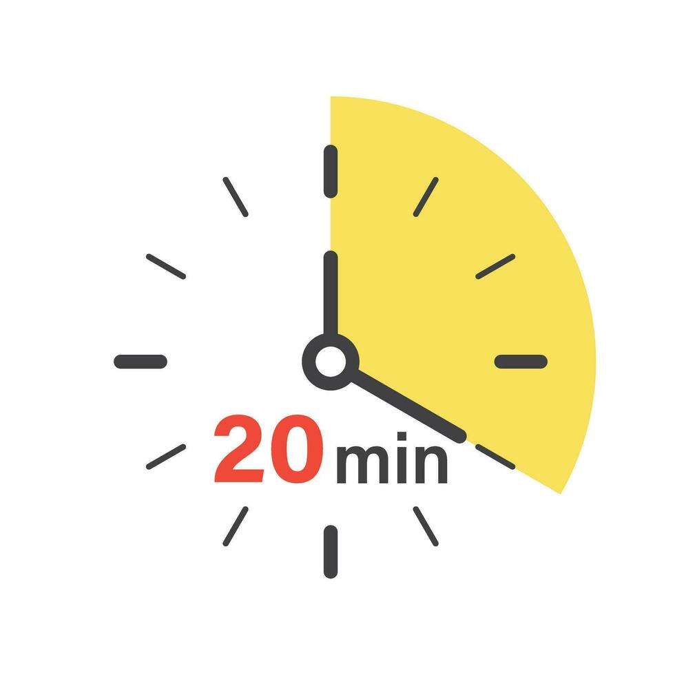 20 minutes on stopwatch icon in flat style. Clock face timer vector illustration on isolated background. Countdown sign business concept.