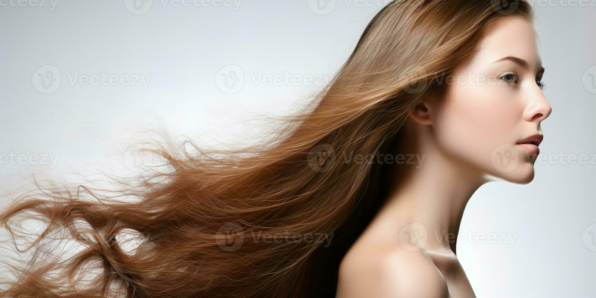 Portrait of a young beautiful woman model with hair posing swinging head from side to side , Generate Ai photo