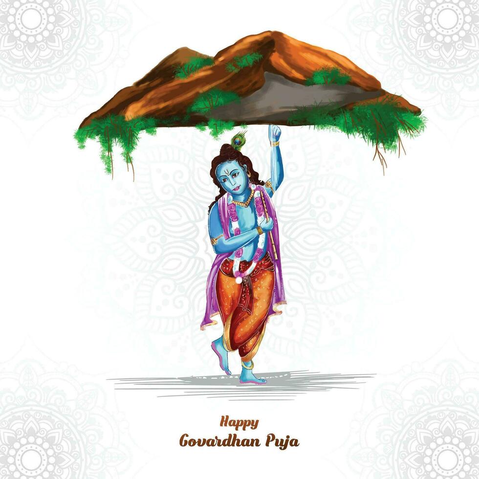 Govardhan puja with lord krishna greeting card design vector