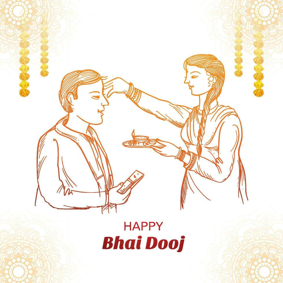 Hand draw sketch happy bhai dooj indian festival brother and sister card design vector
