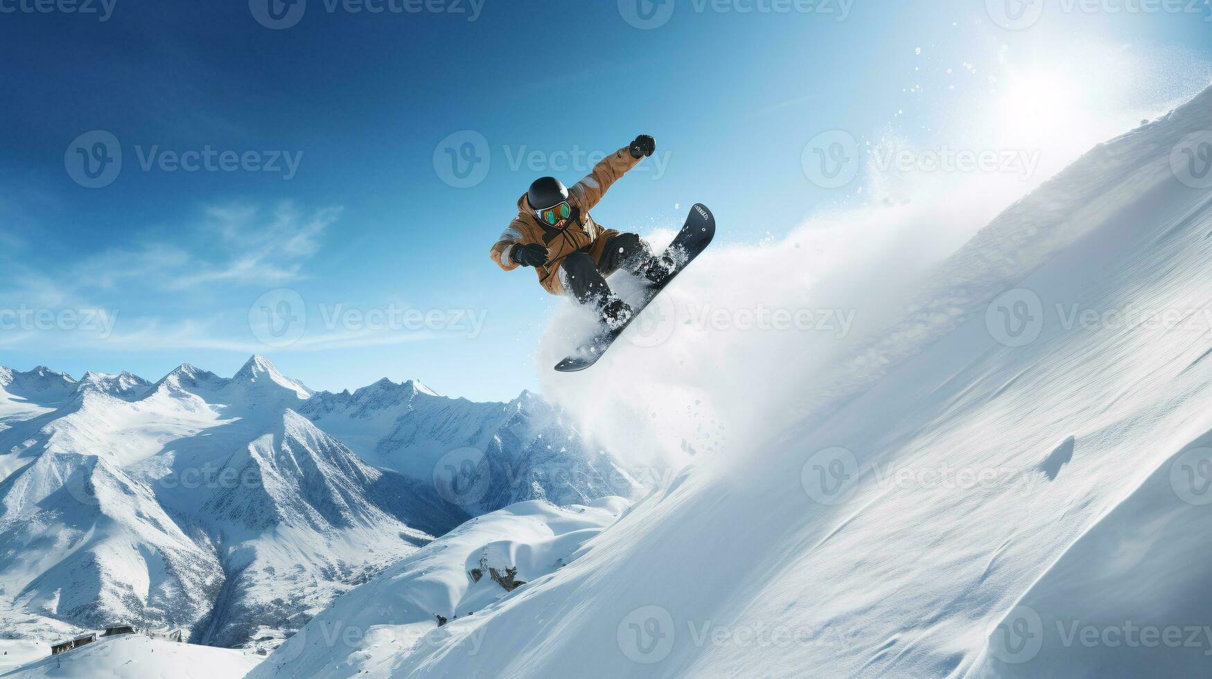 ai generativo invierno extremo Deportes frio Disparo de tabla de snowboard en movimiento foto