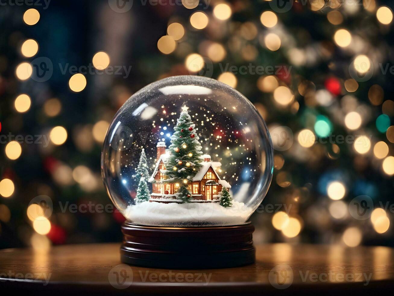 Snow globe with christmas tree on snow and bokeh background photo