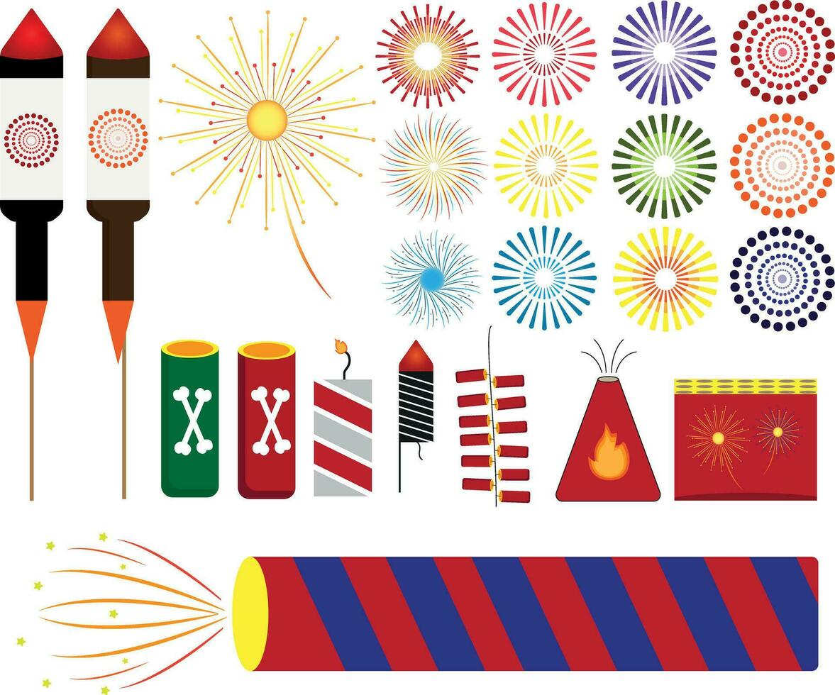 Fireworks. Different pyrotechnics vector icons including firecrackers and rockets. New year's eve icons.