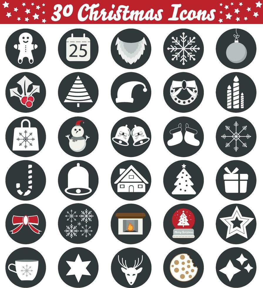 Set of christmas icons. Christmas vector emojis including christmas lights, bells, snow flakes, fireplace, mistletoe and gingerbread. Round vectors in grey circle.