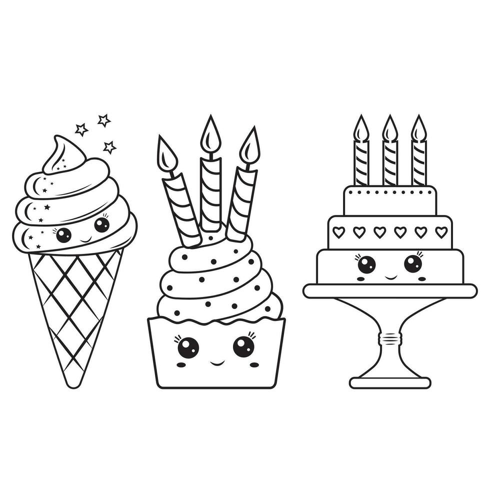 conjunto de dulce postres, kawaii caracteres, vector ilustración en garabatear estilo, negro contorno