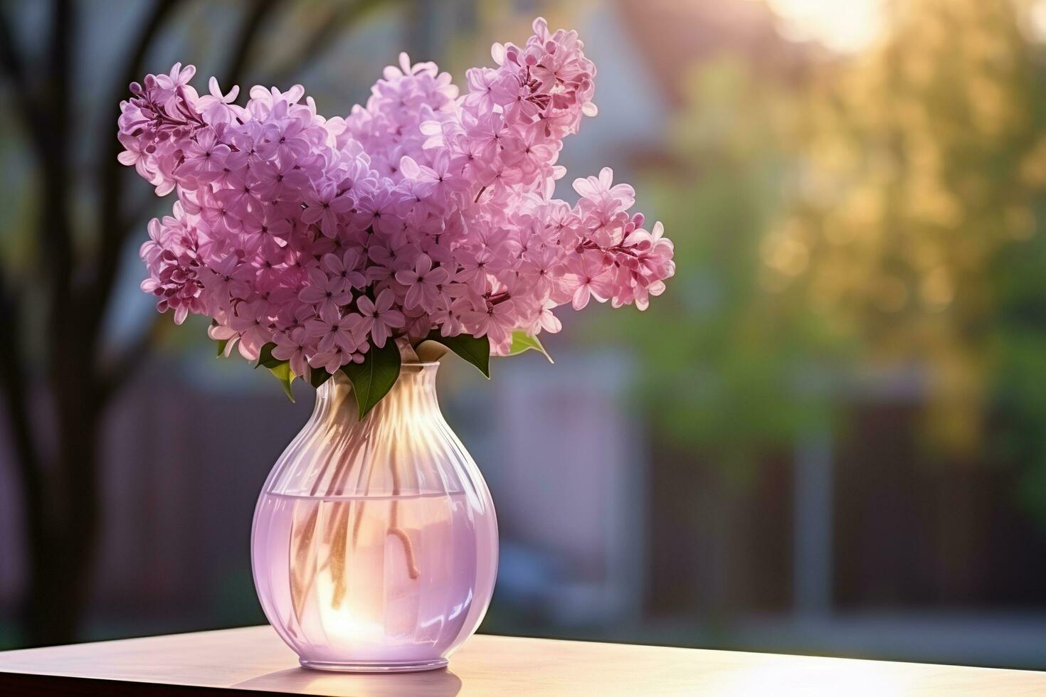 A bouquet of lilacs in a glass vase on a table near a large window, a blurred background. Generated by artificial intelligence photo