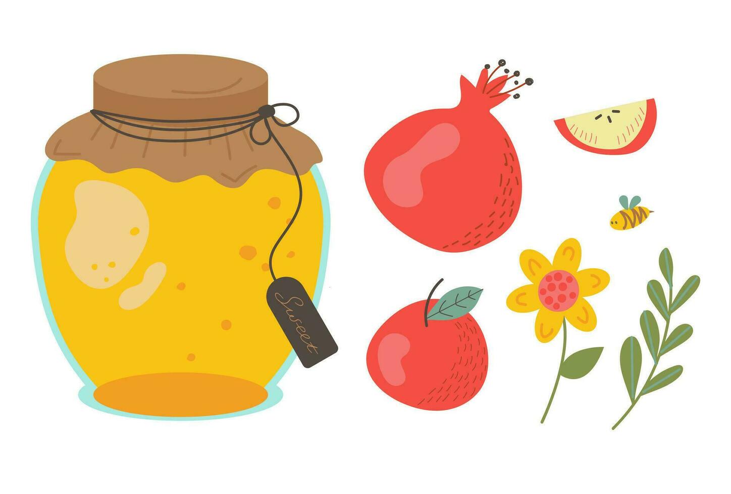 conjunto de miel productos tarro de miel y abeja insecto. texturizado flor con hoja y Fruta en plano estilo. granate y manzana en aislado antecedentes. vector ilustración