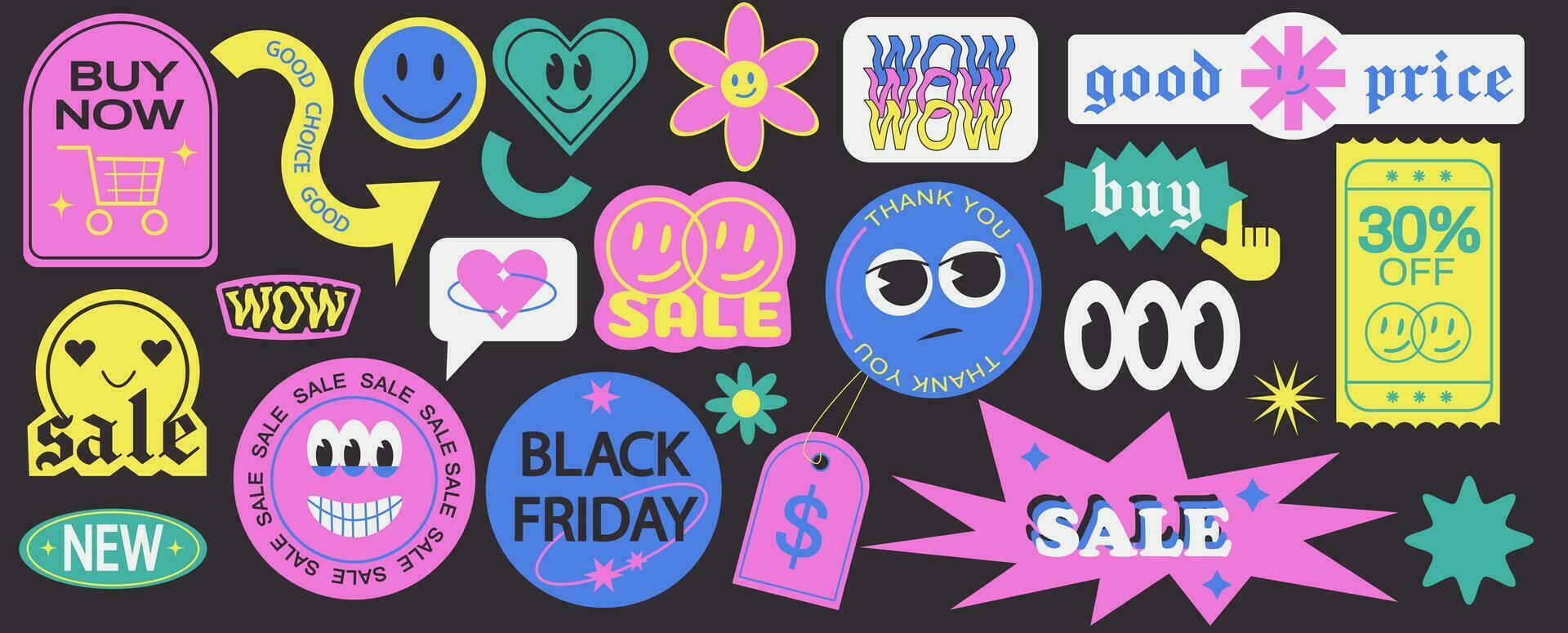 Acid sticker pack sale in y2k. Cool retro stickers with smile faces, cartoon comic label patches. Set of trendy neon cartoon label for store discount. vector