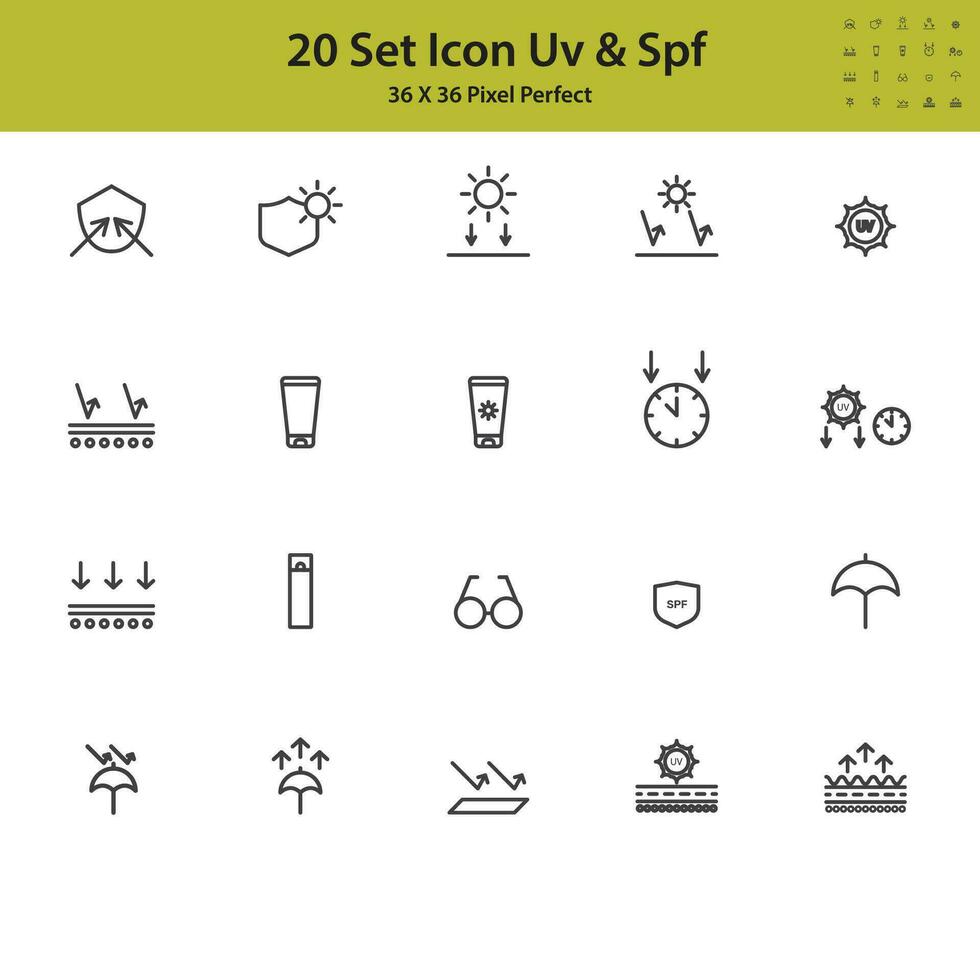 Set of Vector Line Icons Related to Sun Protection. Contains sun glasses, sun protection, sun screen. Strokes can be Edited