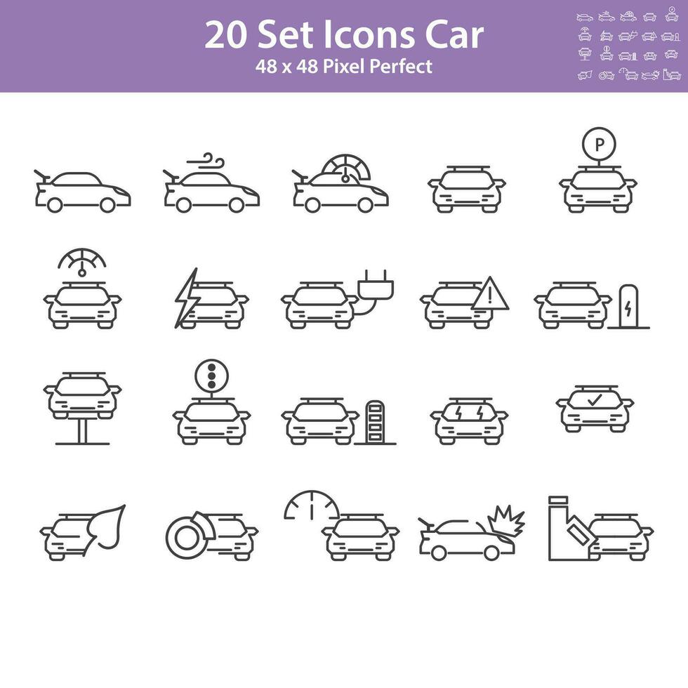 Set of Simple Vector Car Line Icons. Contains car technology, Electricity, environment etc, strokes can be edited.