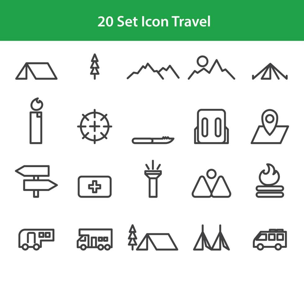 Vector line icon containing a simple trip or camp, containing a fire, tent and tree. Editable 36x36 pixel perfect