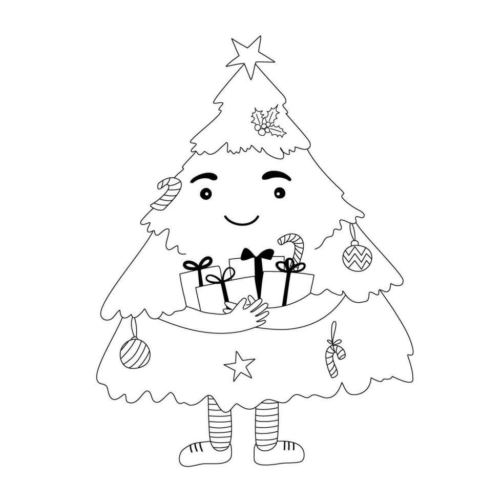 A smiling christmas tree in cartoon style , hand drawn outline vector. vector