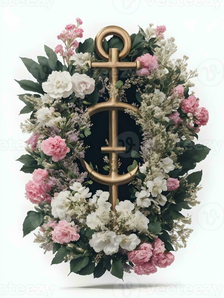 Anchor with flower bouquet on white photo