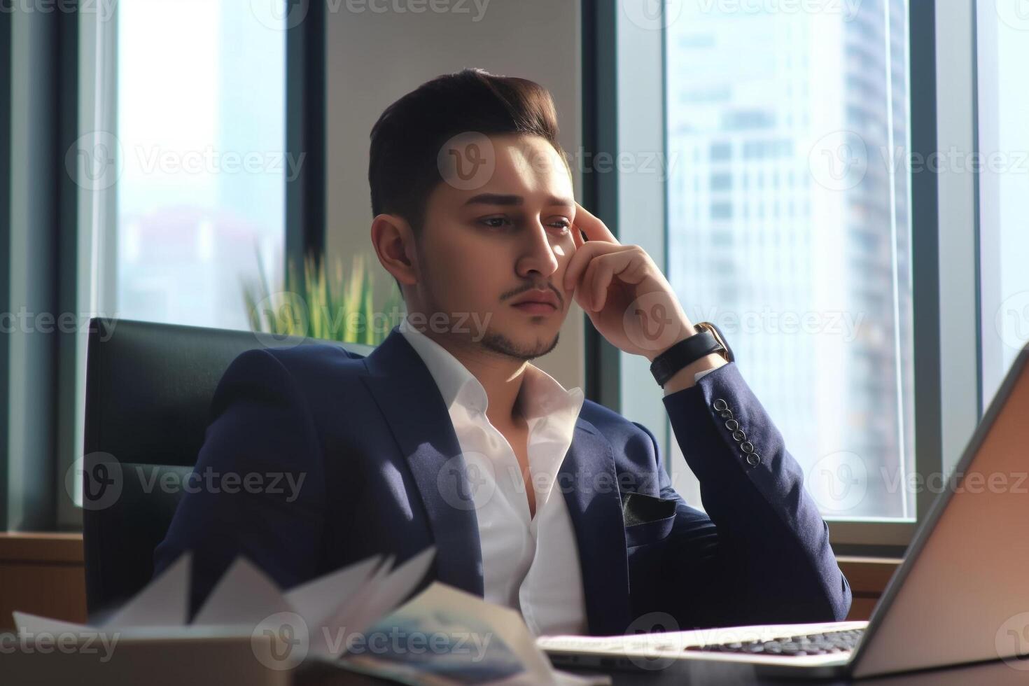 A man in a suit sits at a desk in front of a window with a cityscape in the background. photo