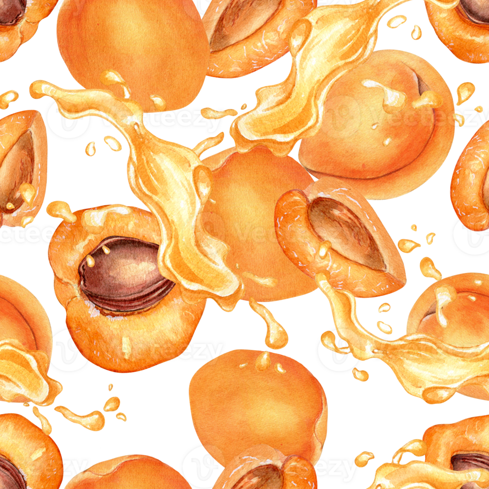 Watercolor seamless pattern with apricots and juice drop. Painting segment fruits, nectarine, splashing juice hand drawn. Design element for package, textile, wrapping, paper. png