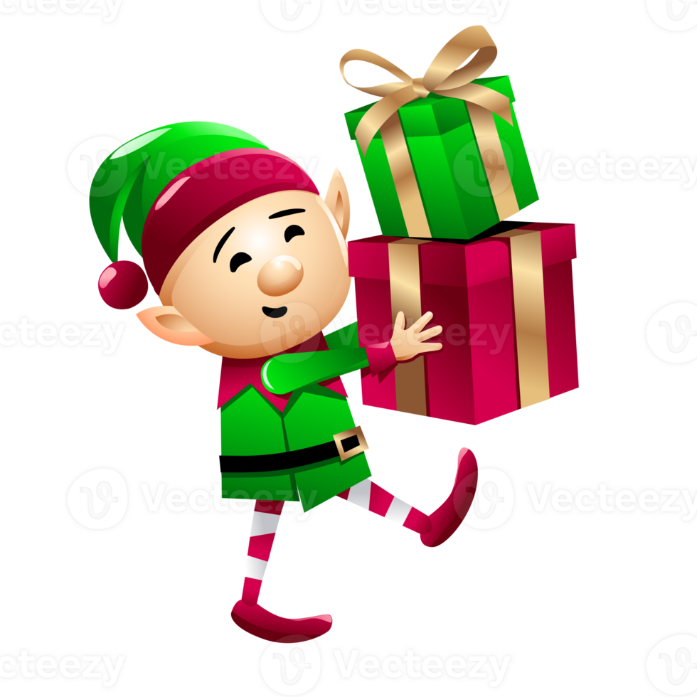 Illustration von ein Weihnachten Elf mit Geschenke png