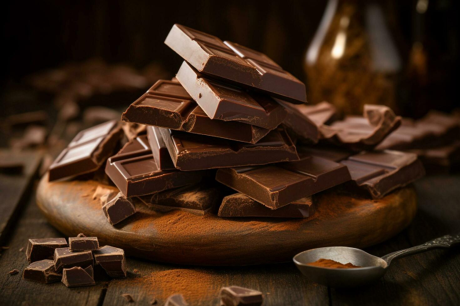 oscuro chocolate barras y cacao polvo en de madera antecedentes ai generado foto