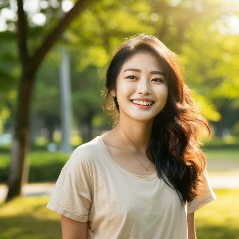 hermosa asiático mujer sonrisa y relajarse en el parque, asiático belleza ai generado foto