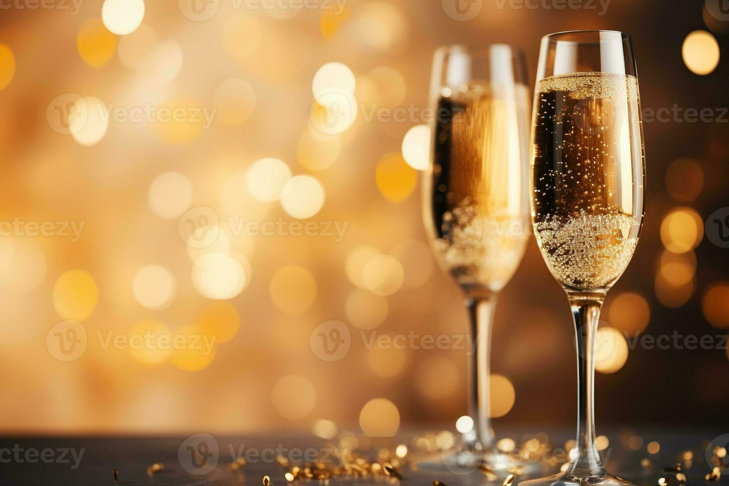 Two glasses of champagne against gold bokeh background. Generated by artificial intelligence photo