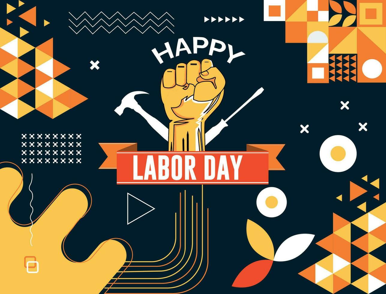 International Happy Labor Day Typography banner design with labor tools and hand fist. Abstract modern geometric background. vector