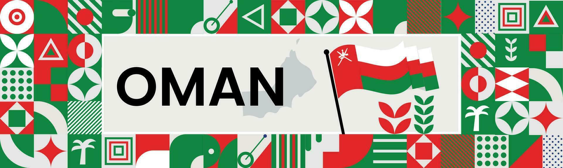 Oman national day banner with map, flag colors theme background and geometric abstract retro modern colorfull design with raised hands or fists. vector