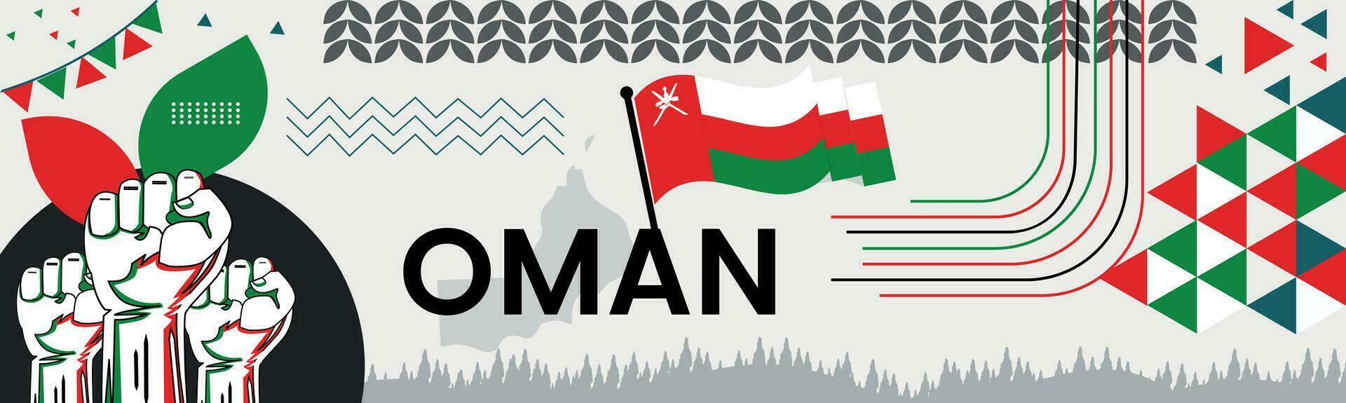 Oman national day banner with map, flag colors theme background and geometric abstract retro modern colorfull design with raised hands or fists. vector