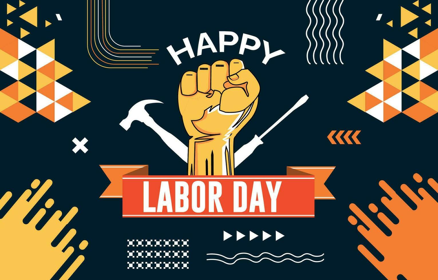 International Happy Labor Day Typography banner design with labor tools and hand fist. Abstract modern geometric background. vector