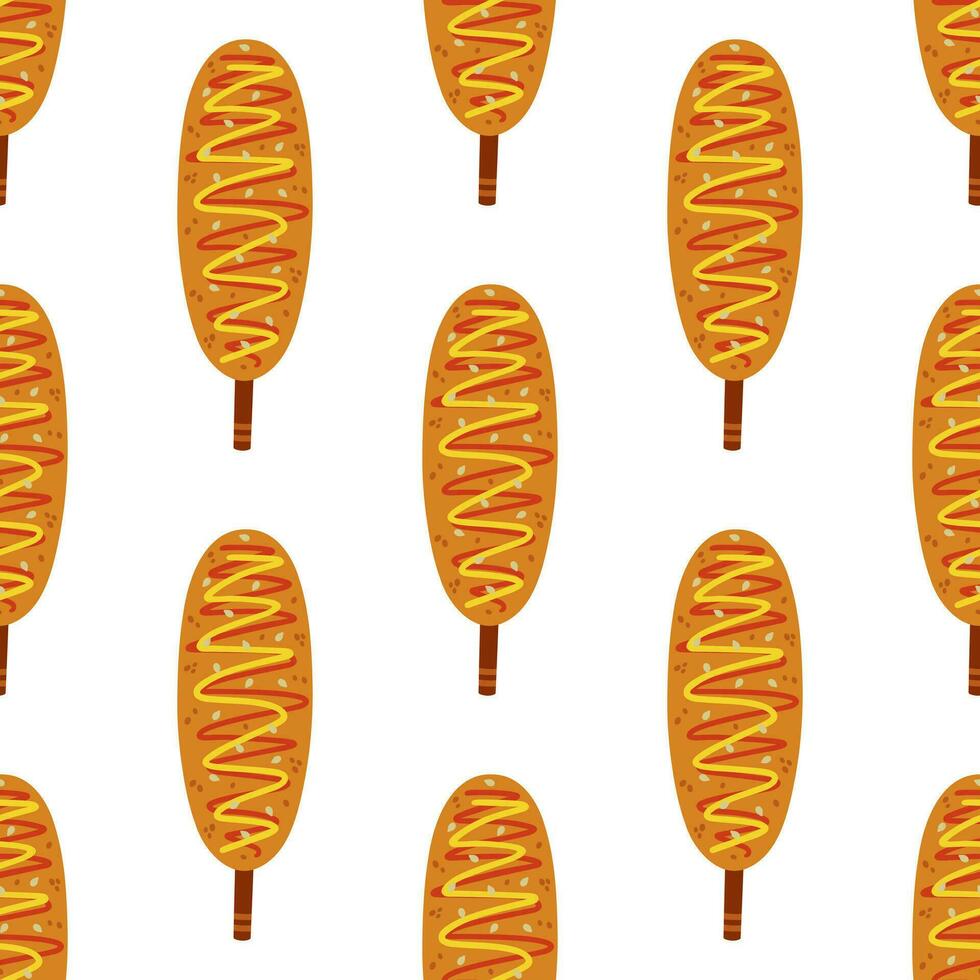 Corn dog seamless vector pattern. Delicious deep-fried sausage in dough. Hot snack with ketchup, mustard, sesame. Street fast food. Korean or American cuisine. Flat background for cafes, delivery, web